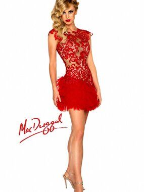 NWT MacDuggal Short Red/Nude Lace Dress with a Pleated Skirt, Open Back, size 6